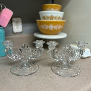 Vintage 1940s  pressed glass double candle stick holders